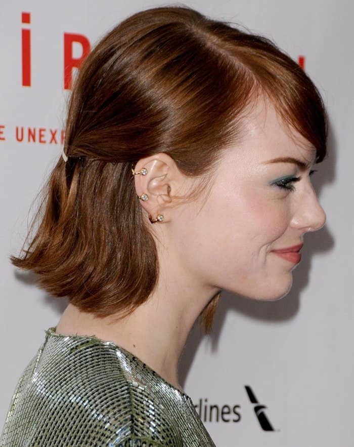 Emma Stone showcases her chic Ana Khouri ear cuffs at the 'Birdman' premiere during the 2014 New York Film Festival
