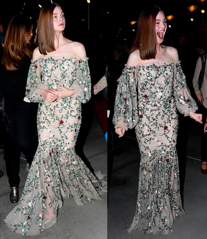 Elle Fanning demonstrates how to wear fall florals with grace in an off-shoulder Marchesa gown, combining delicate embroidery and a dramatic silhouette at the 'Low Down' premiere on October 23, 2014