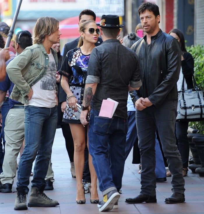 Jennifer Lopez, Harry Connick, Jr., and Keith Urban in front of The Orpheum Theatre for the American Idol Hollywood auditions in Los Angeles on October 27, 2014