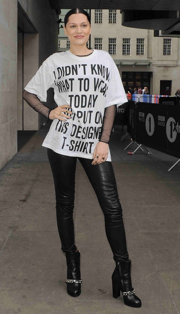 Jessie J in leather pants and sky-high Givenchy 'Mirta' chain link ankle boots