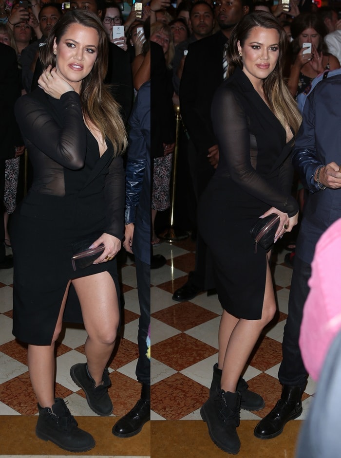 Khloé Kardashian makes a bold high-low statement at Tao Nightclub by pairing a sharply tailored black tuxedo dress with rugged Timberland work boots for Kim Kardashian’s birthday celebration in Las Vegas