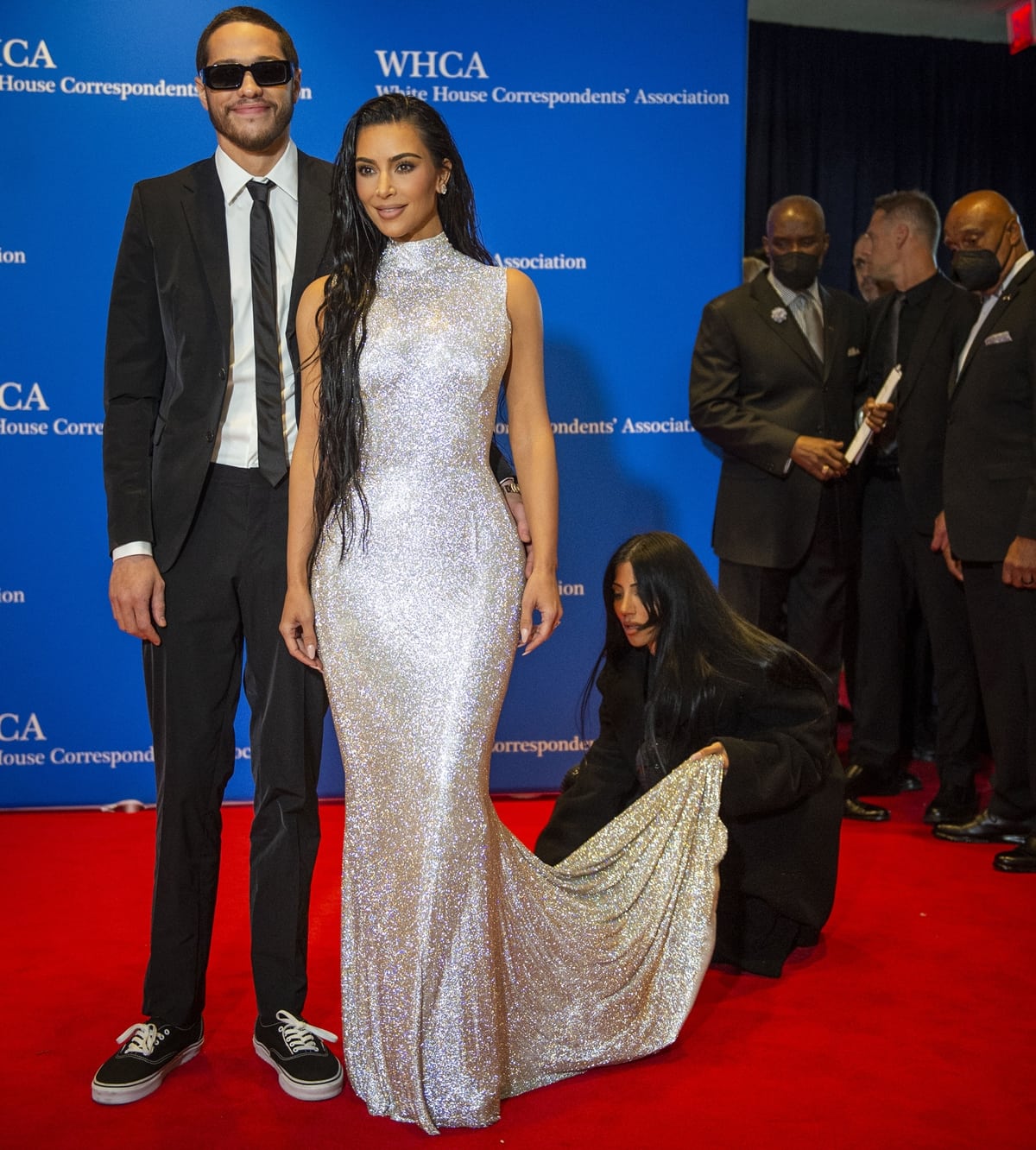 Kim Kardashian and Pete Davidson made their red-carpet debut at the 2022 White House Correspondents' Association Dinner, with Kim in a dazzling Balenciaga Couture gown and Pete in a classic Prada suit