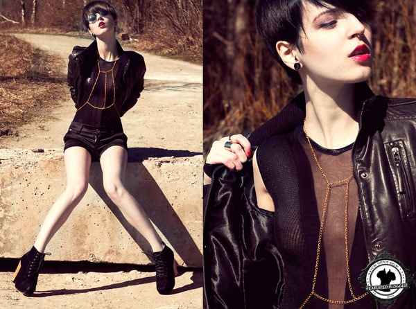 Kristina wearing black cutoffs with a leather jacket