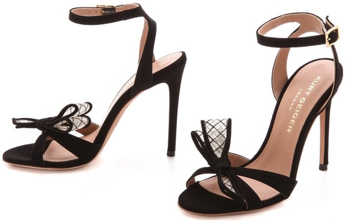 A mesh bow accents the slender crisscross straps on suede Kurt Geiger London sandals