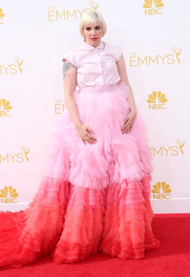 Looking like she raided a cotton candy factory, Lena Dunham attends the 66th Annual Primetime Emmy Awards