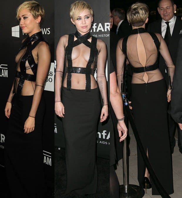 Miley Cyrus's outfit at the amfAR Gala looks like a DIY project gone wrong, held together with glittery tape and sheer fabric