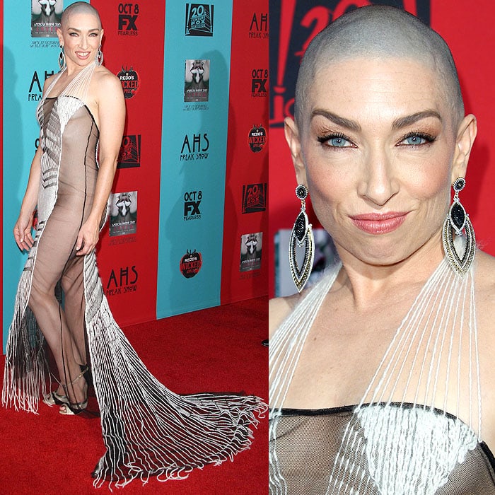 Naomi Grossman balanced the daring drama of her sheer Natalia Fedner gown with elegant black-and-gold t-strap peep-toe pumps, a classic choice that grounded the avant-garde look at the American Horror Story: Freak Show premiere