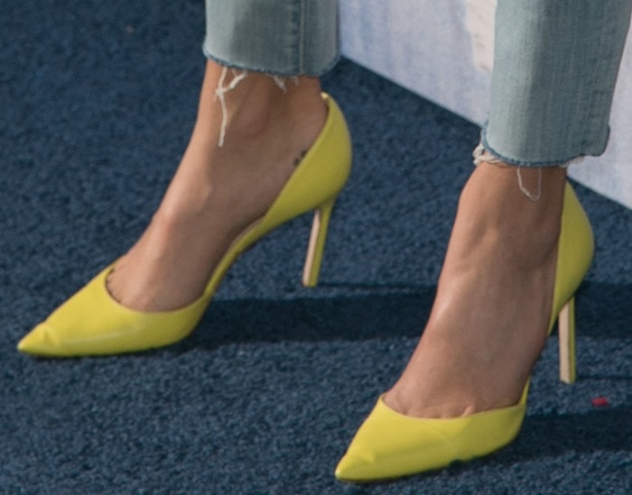 Nikki Reed's feet in yellow leather "Tayler" d’Orsay pumps by Manolo Blahnik