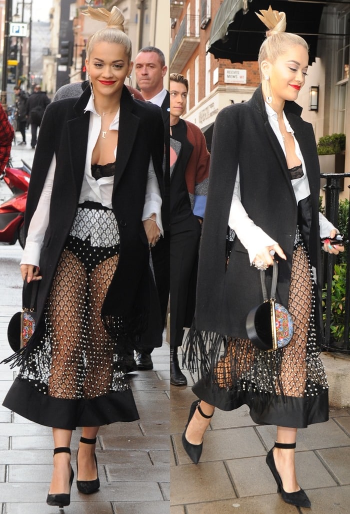 Rita Ora put her underwear on full display in a see-through net skirt paired with a white unbuttoned shirt