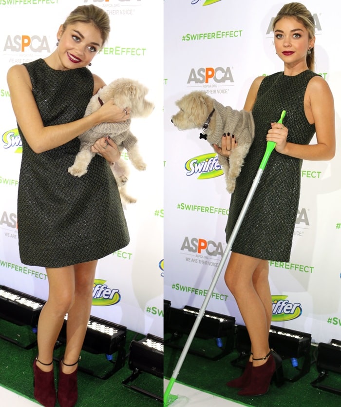 Sarah Hyland wearing a "Haven" metallic-jacquard bubble dress by Alice + Olivia