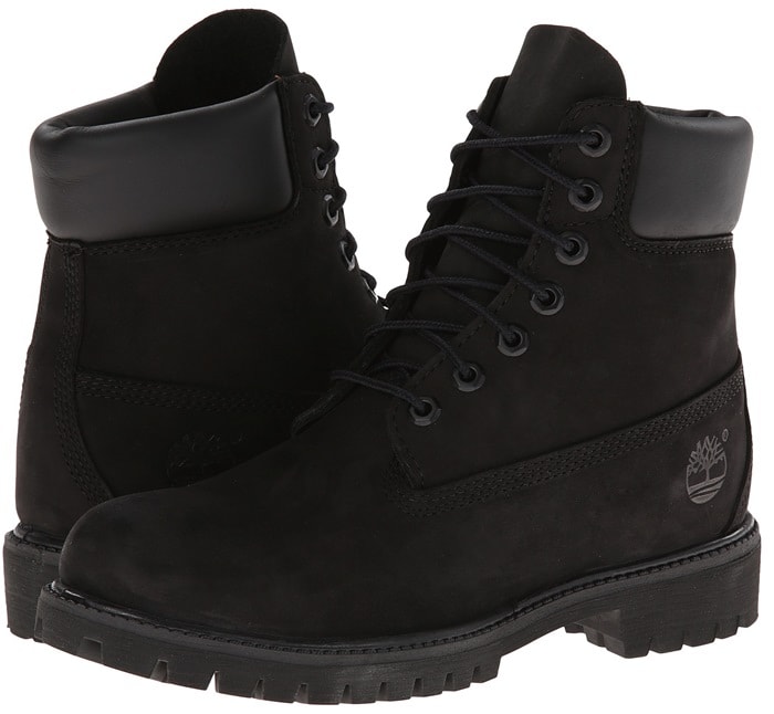 The black Timberland Classic 6" Premium boots feature waterproof nubuck leather, padded collars, and a heavy-duty lug sole built for durability rather than dressy appeal