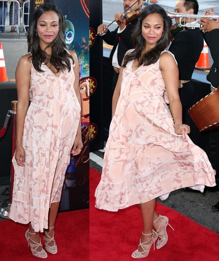 Zoe Saldaña in a feminine printed dress from the Altuzarra Spring 2015 collection