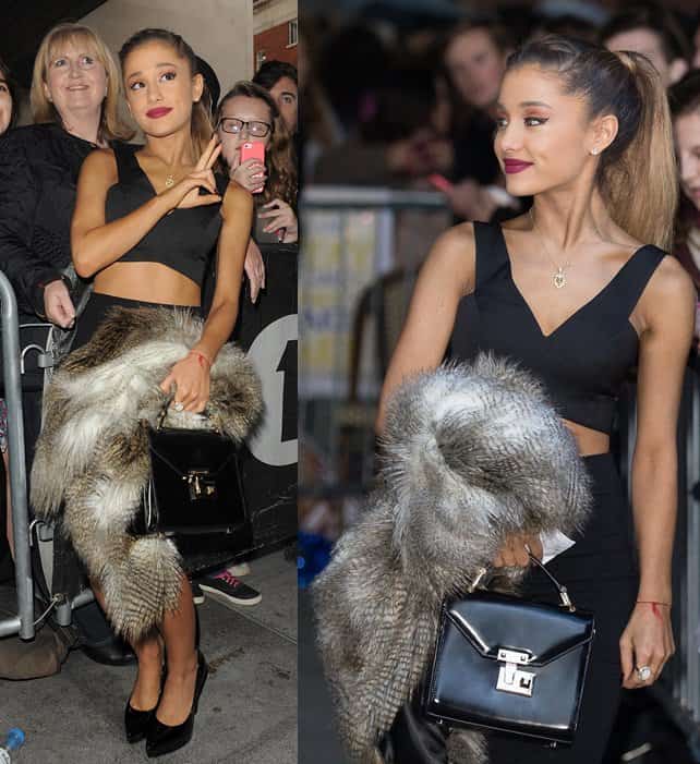 Ariana Grande in a black crop top and pencil skirt with a dramatic fur scarf at BBC Radio 1 Studios