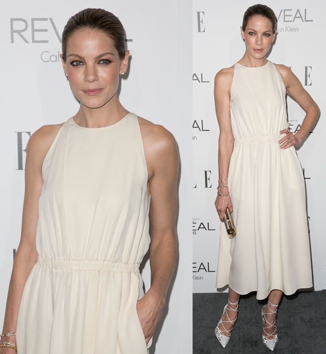 Michelle Monaghan arrives at the 2014 ELLE Women in Hollywood Awards, wearing a cream-colored Altuzarra dress and Christian Louboutin "Impera" lace-up pumps