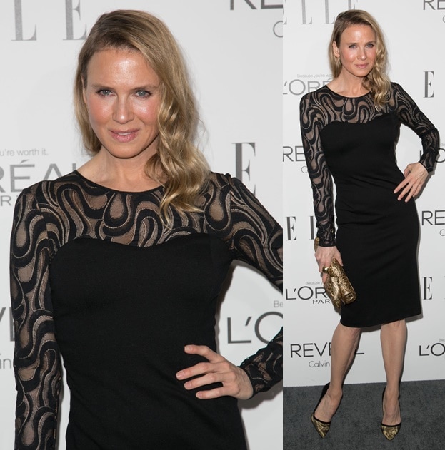Renée Zellweger makes a statement in a black Carolina Herrera dress and gold-detailed Christian Louboutin "So Kate" pumps at the 2014 ELLE Women in Hollywood Awards