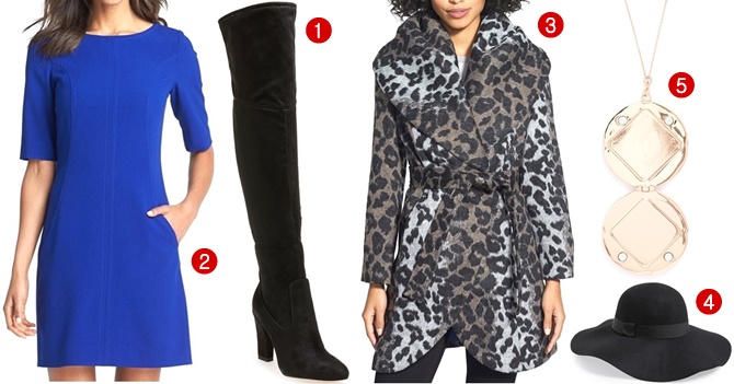 A chic fall outfit inspired by Kimberly Wyatt’s look — 1. Ivanka Trump “Sarena” over-the-knee suede boots, 2. Tahari seamed A-line dress, 3. Tahari leopard-print coat, 4. David Young floppy hat, and 5. House of Harlow 1960 medallion-pendant necklace — for a polished, fashion-forward finish