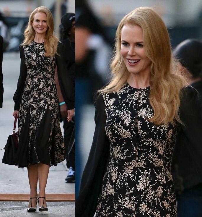 Nicole Kidman exuded timeless elegance in a floral Michael Kors dress paired with two-tone Salvatore Ferragamo T-strap pumps, perfectly balancing vintage charm and modern sophistication