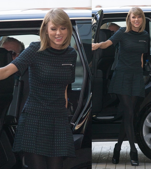 Taylor Swift in a dark checkered mini dress by Timo Weiland
