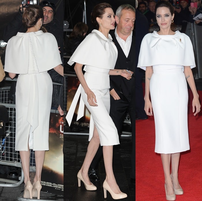 Angelina Jolie paired her sculptural Ralph Russo couture dress with glossy nude platform pumps that streamlined the monochrome look while subtly elongating her silhouette on the red carpet
