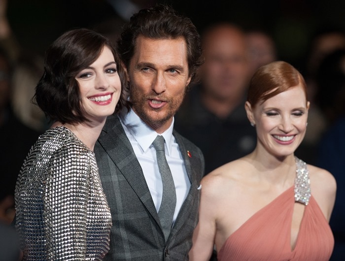Anne Hathaway, Matthew McConaughey, and Jessica Chastain at the premiere of Interstellar held at the Odeon Leicester Square in London, England, on October 29, 2014