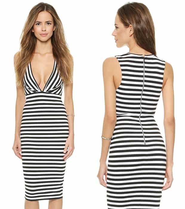 A form-fitting Bec Bridge dress with a pleated bodice and plunging neckline