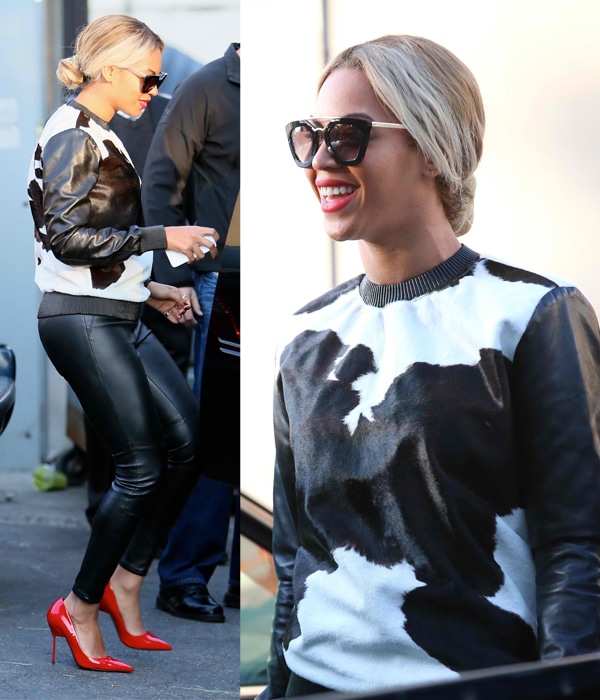 Beyonce rocking a a Givenchy Pre-Fall 2013 cowhide leather sweatshirt