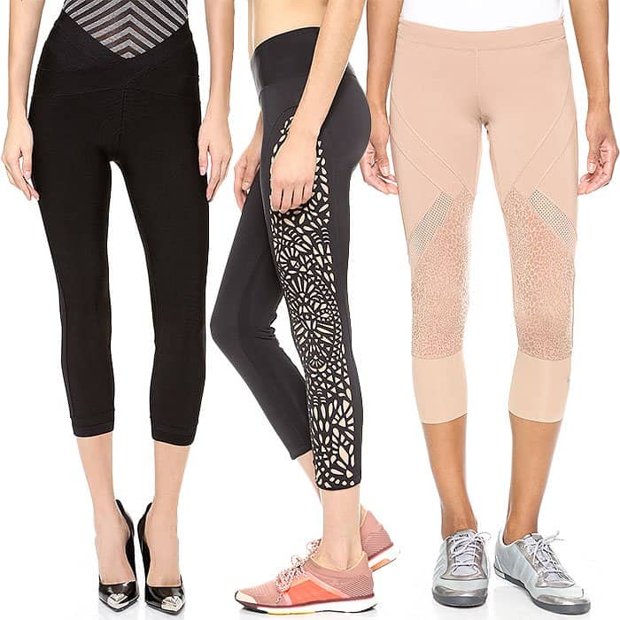 A selection of black and nude cropped leggings styled with different types of footwear, showcasing their versatility for various looks, featuring brands like Hervé Léger, Blue Life Fit, and Adidas by Stella McCartney