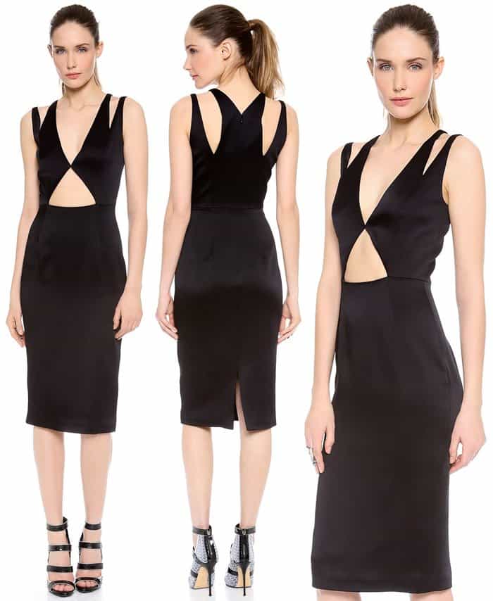 A sleek Cushnie et Ochs sleeveless black cutout dress is shown from multiple angles, highlighting its sculptural neckline, asymmetric midriff cutout, and clean, body-skimming silhouette designed to balance modern sensuality with sharp tailoring