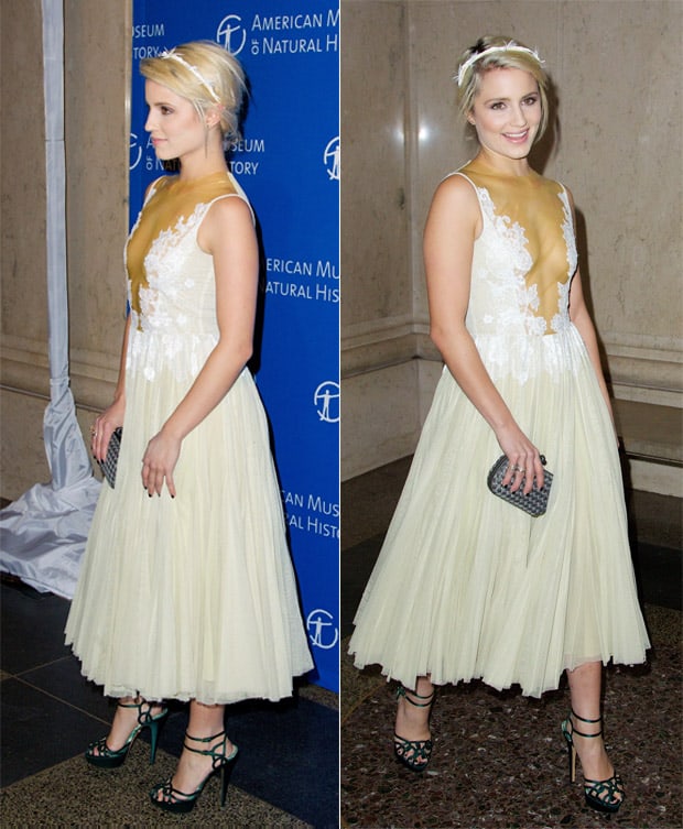 Dianna Agron's dress features a delicate lace bodice with a sheer, nude underlay that gives the illusion of a deep neckline