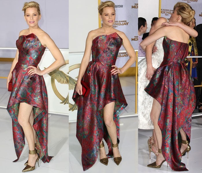 Elizabeth Banks wearing a strapless paisley-print gown from the Leonard Fall 2014 collection