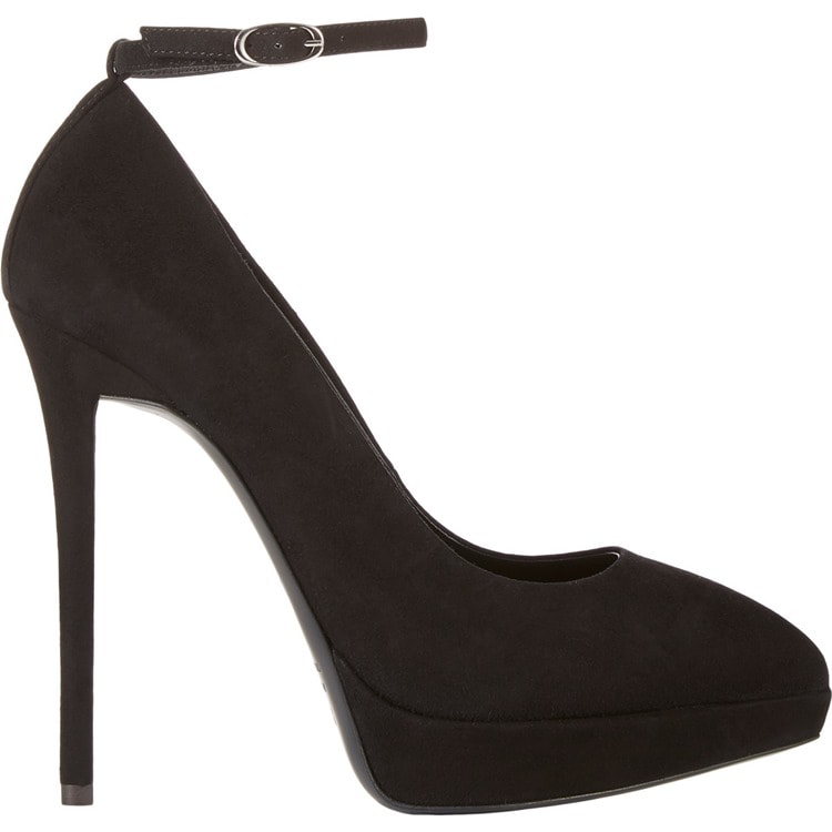 Giuseppe Zanotti’s black suede platform pumps combine elongated pointed toes, slim ankle straps, and towering stiletto heels for a sleek, leg-lengthening finish