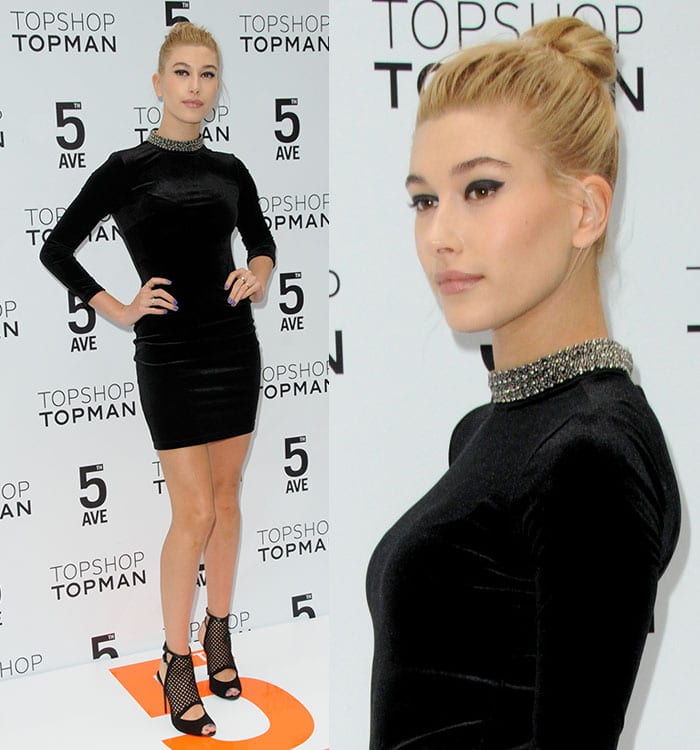 Hailey Baldwin styled her hair up in a simple bun and finished her dolled-up look with winged eyeliner to accentuate her eyes