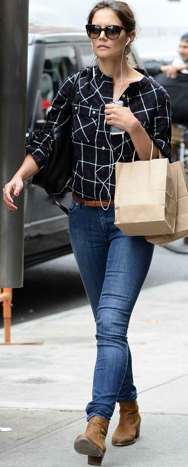 Katie Holmes styled an Isabel Marant Étoile Tucson check shirt with jeans