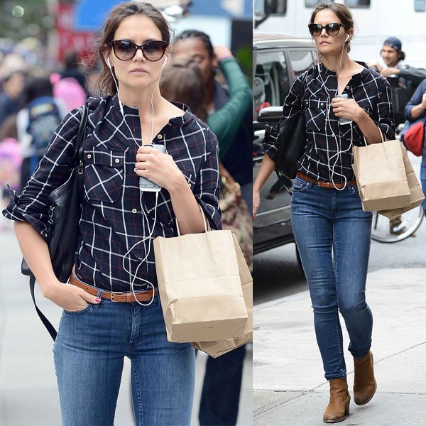 Katie Holmes carrying a few paper bags and a black Longchamp tote