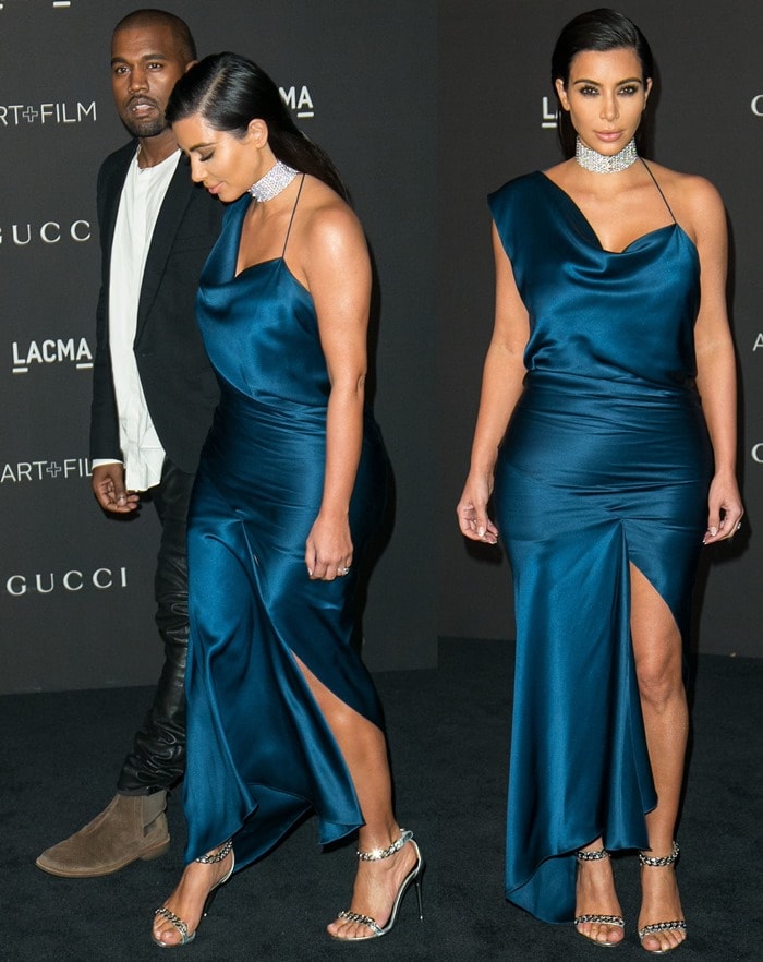 Kim Kardashian dazzles in a deep teal satin Cushnie et Ochs gown with an asymmetrical thigh-high slit and silver Tom Ford chain-strap sandals, while Kanye West keeps his look understated in a black blazer, white T-shirt, and suede Chelsea boots at the 2014 LACMA Art + Film Gala