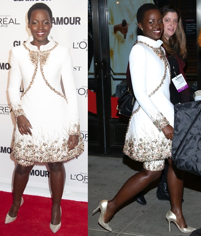 Lupita Nyong’o wearing an off-white Chanel Fall 2014 Haute Couture beaded neoprene dress with matching cycling shorts, styled with metallic Kurt Geiger “Anja” pumps and an Amanda Pearl clutch at the Glamour Women of the Year Awards