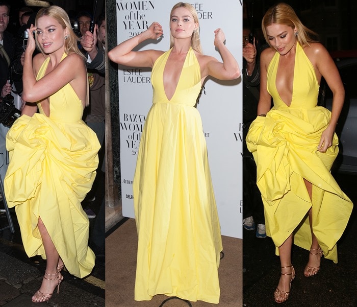 Margot Robbie flaunting cleavage in a bright yellow halter gown from the Rosie Assoulin Spring 2015 collection