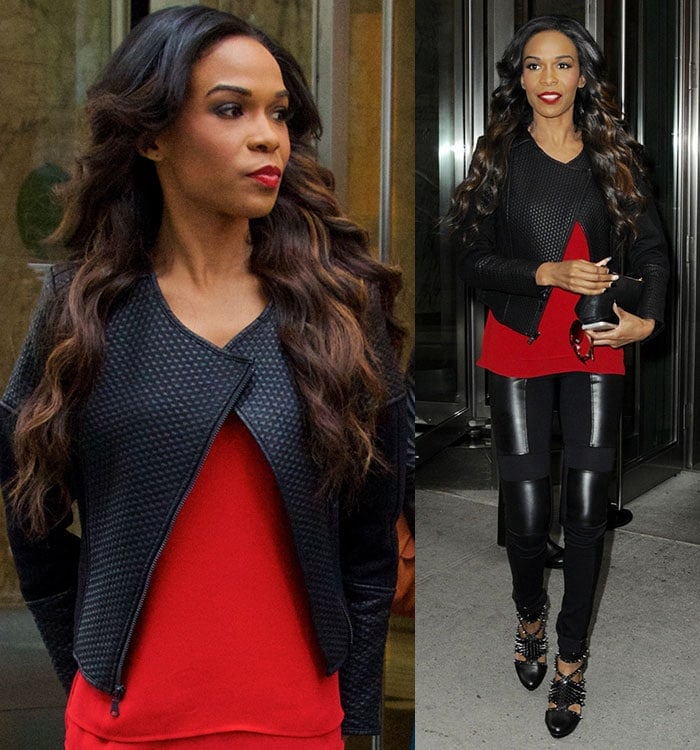 Michelle Williams steps out in Manhattan wearing a textured black jacket over a bold red top, letting sharp contrasts and clean lines define the look