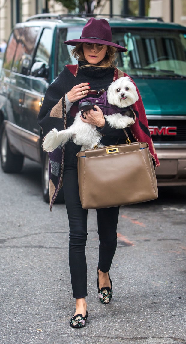 Olivia Palermo looks stylish in a color-block poncho paired with black skinny jeans, embroidered loafers, and a wide-brim hat while carrying her dog and a large tote bag