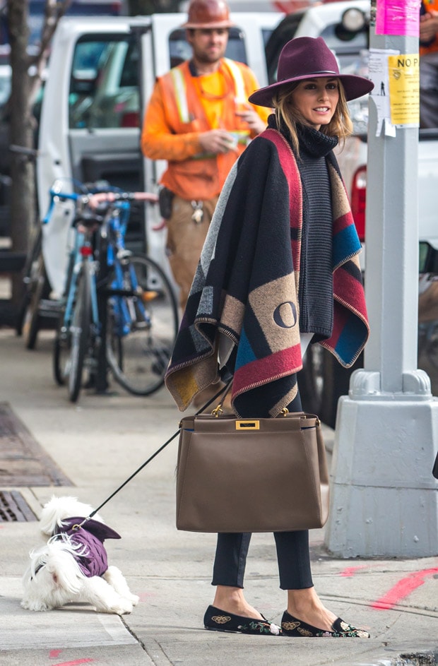 Olivia Palermo looks stylish in a Burberry color-block poncho, paired with black skinny jeans, Alexander McQueen embroidered loafers, and a Janessa Leone fedora, while carrying her dog and a Fendi 'Peek-a-Boo' satchel