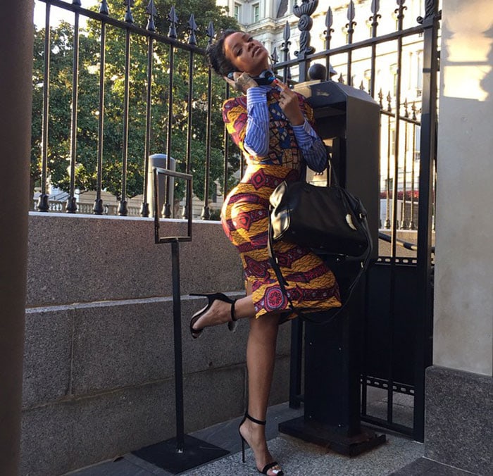 Rihanna wearing a Stella Jean dress featuring ethnic prints in multiple colors