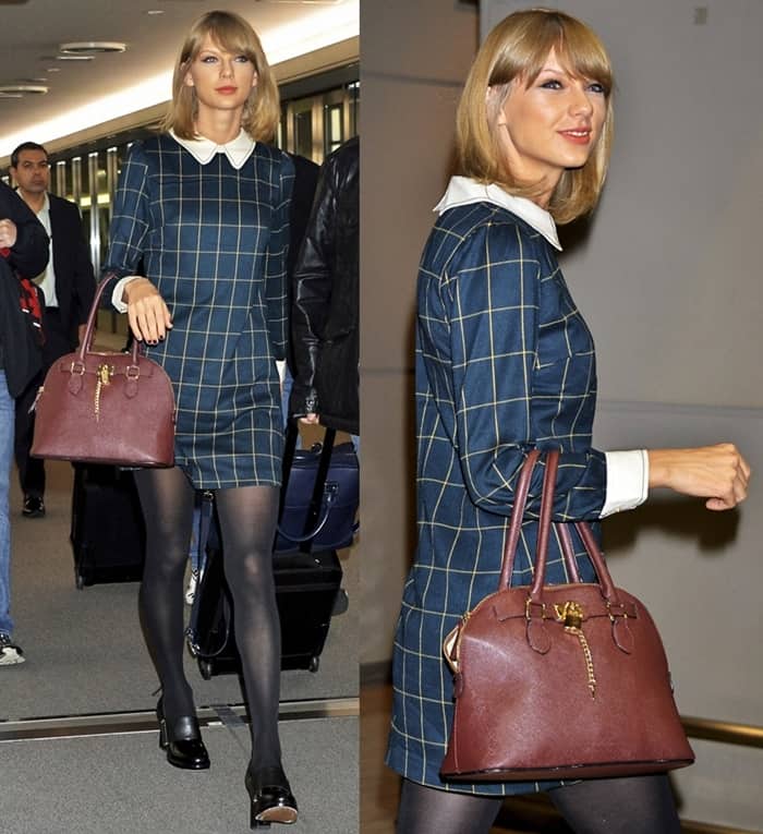 Taylor Swift arrives at Narita International Airport in Chiba, Japan, looking polished in a vintage-inspired Miss Patina checked dress, Other Stories leather pumps, and her go-to Aldo “Frattapolesine” bag in Bordeaux