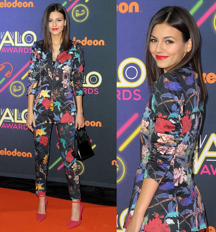 Victoria Justice wearing a printed blazer with matching boot-cut pants