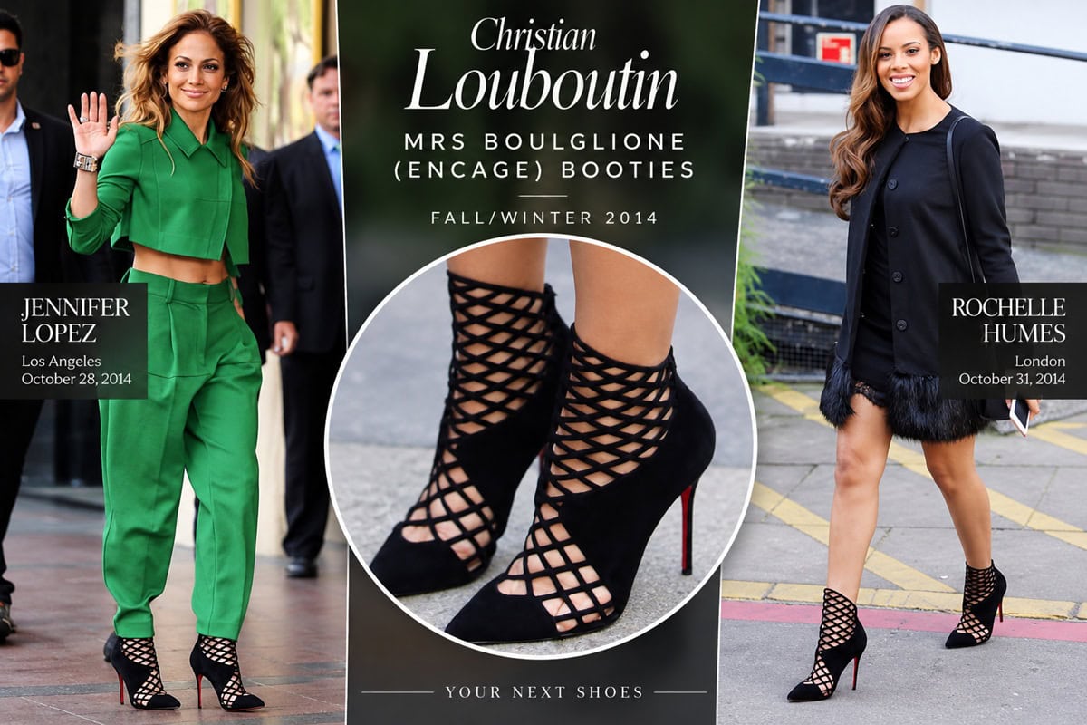 Jennifer Lopez and Rochelle Humes style Christian Louboutin’s Fall/Winter 2014 Mrs Boulglione (Encage) cutout booties with contrasting green and black outfits