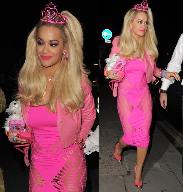 Rita Ora arriving at the "Death of a Geisha" Halloween party dressed as Barbie in London, England, on October 31, 2014