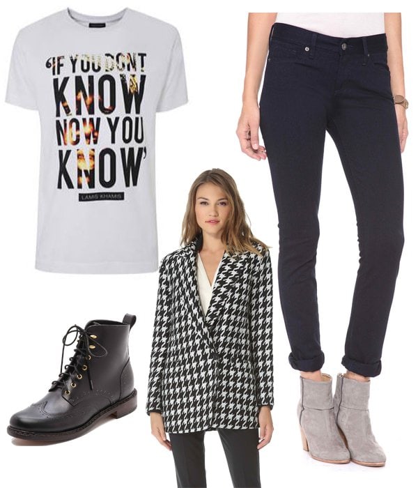 Lamis Khan If You Don’t Know T-Shirt / Modern Saints Pencil Leg Jeans / Theory Danvey Coat / Rag Bone Cozen Lace Up Booties