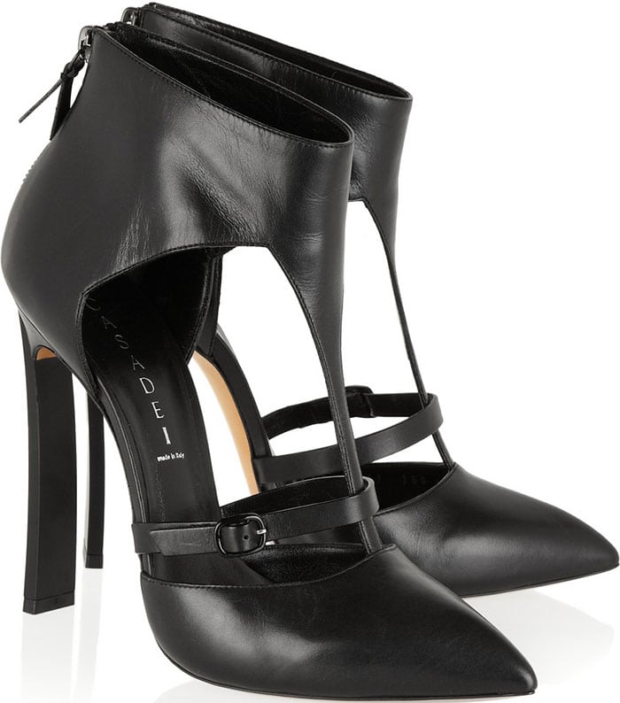 Black Casadei Leather T-Strap Cutout Pumps with Blade Heels – a sleek, sculptural option for statement holiday dressing (£765)
