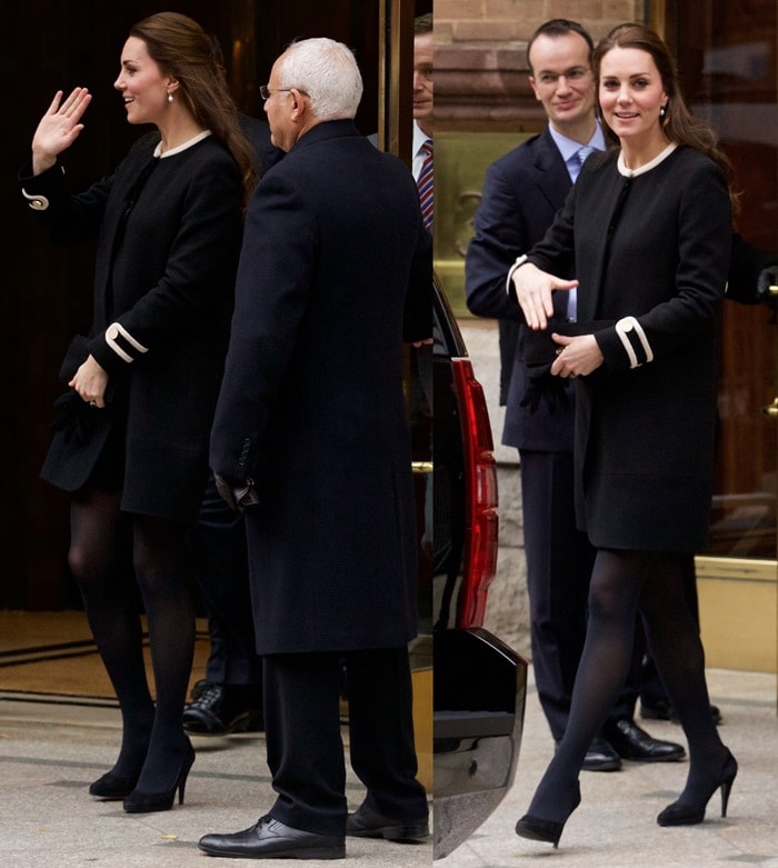 Catherine stepped out in New York wearing Goat Fashion's tailored "Washington" coat, sheer tights, and her trusted Episode "Angel" suede pumps while expecting Princess Charlotte