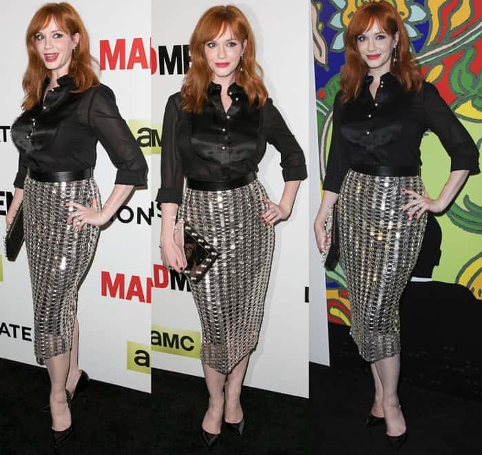 At the 'Mad Men' Season 7 premiere, Christina Hendricks chose a sophisticated look, styling her silver metallic Wes Gordon skirt with classic Kurt Geiger Britton pumps