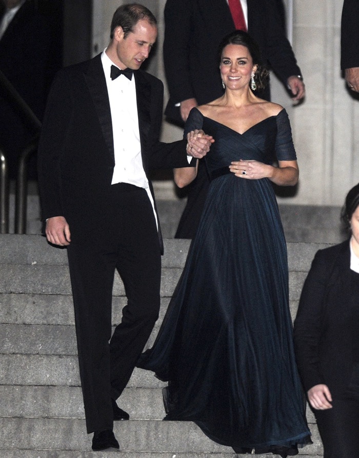 Kate Middleton in a dark green velvet-belted Jenny Packham gown at a formal gala during her 2014 New York trip